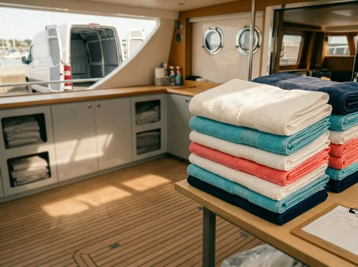 Folded towels on the galley table of a boat