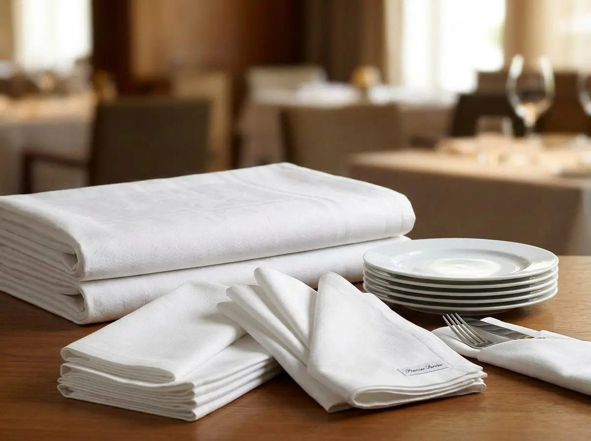 Folded white napkins and stacked plates on a restaurant table